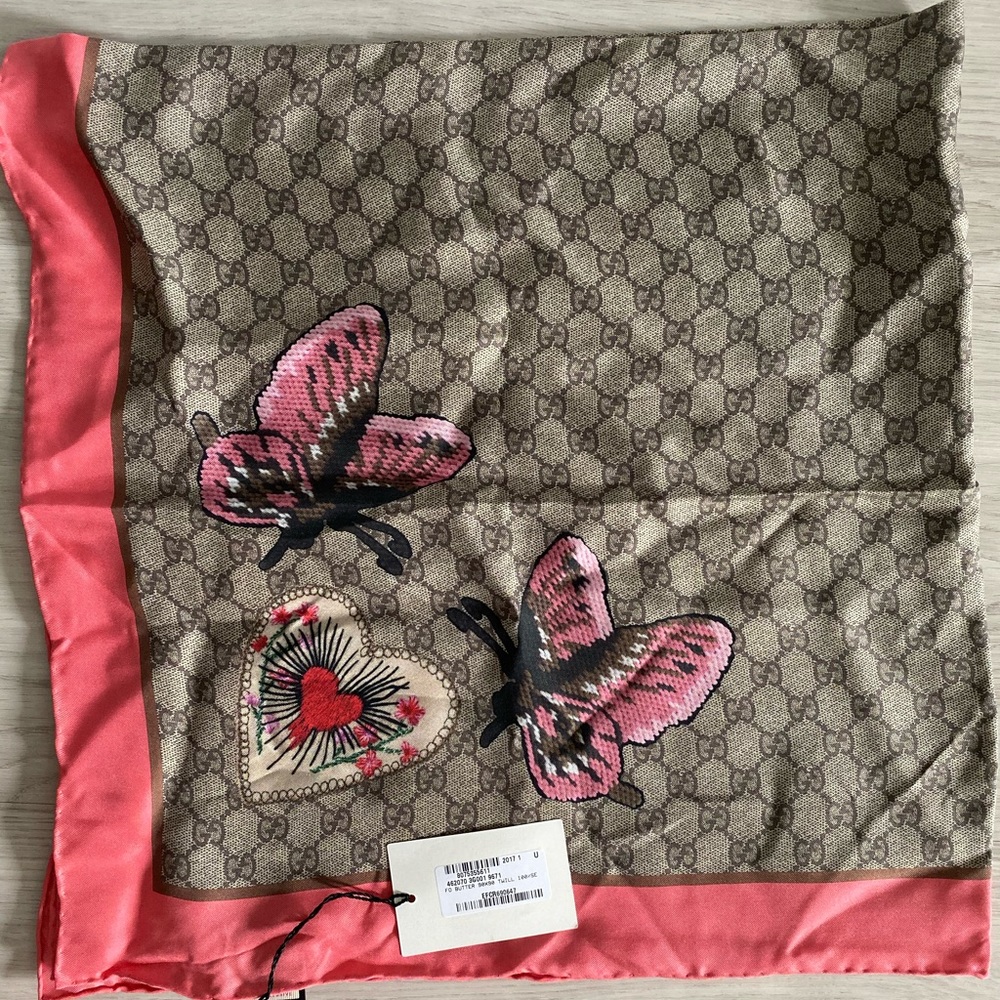 Gucci GG Motif Butterfly Twill Silk Scarf